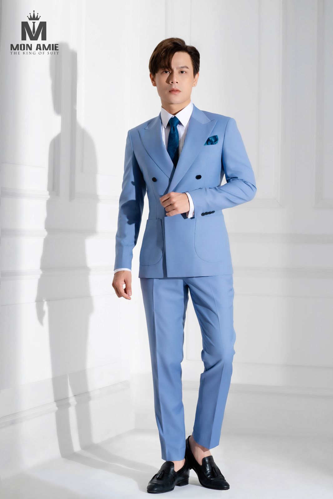 Double Breasted Sky Blue Suit With Patched Pockets 